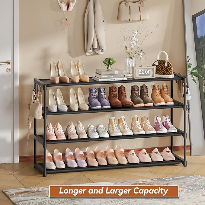 LUKYTOWER Extra Long Shoe Rack 4 Tier Shoe Storage Organizer with 2 Hooks, Wide Stackable Shoe Organizer Racks for Closet Ent