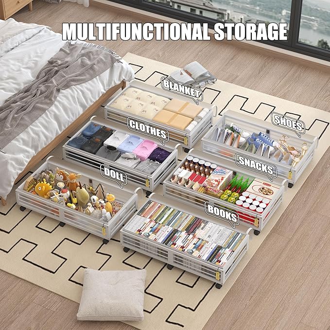 Bamboo Underbed Storage Containers with Wheels & Bag 2 Pack, Large Under Bed Rolling Storage Bins Wood Under Bed Clothes Stor