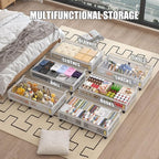Bamboo Underbed Storage Containers with Wheels & Bag 2 Pack, Large Under Bed Rolling Storage Bins Wood Under Bed Clothes Stor