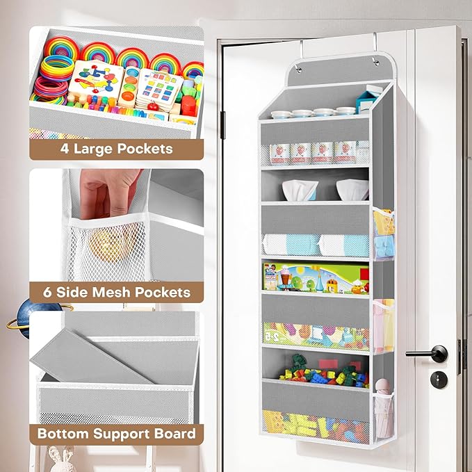 SpaceWhisper Over the Door Organizer, 4 Large Pocket Hanging Storage Organizer with 40lb Capacity, Space Saving for Nursery, 