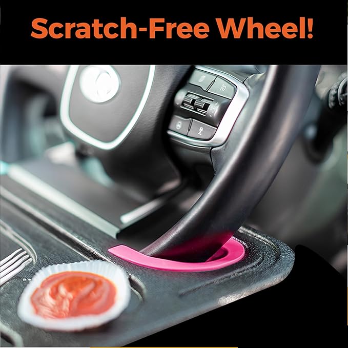 ENRICH UP 2-in-1 Car Steering Wheel Tray - Steering Wheel Desk for Laptop, Multipurpose Car Table for Eating & Work, Adjustable Car Food Tray with Silicone Rings (Pink)