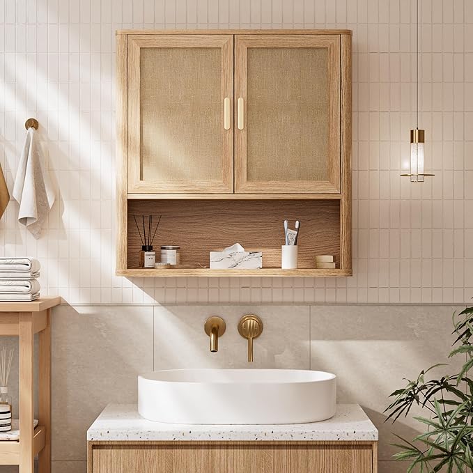 INNOD Rattan Bathroom Wall Cabinet with Open Compartments, Wall-Mounted Medicine Cabinet with Adjustable Wood Shelf & Doors, 
