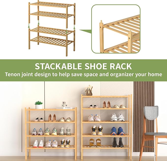 ROMGUAR CRAFT 5 Tier Bamboo Shoe Rack for Closet Free Standing Wood Shoe Shelf for Entryway Small Space Stackable 27"x11"x33"