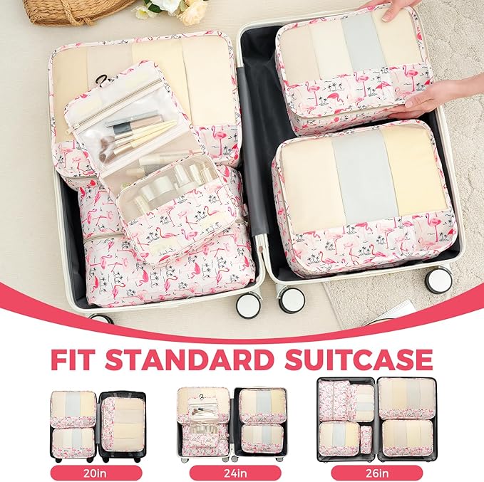 BAGAIL 9 Set Packing Cubes with Packing List Luggage Packing Organizers for Travel Accessories (Flamingo)