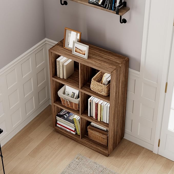 ChooChoo 3-Tier Bookshelf, 6 Cube Storage Organizer, Wooden Bookcase with Storage, Cube Storage Bookshelf for Bedroom and Hom