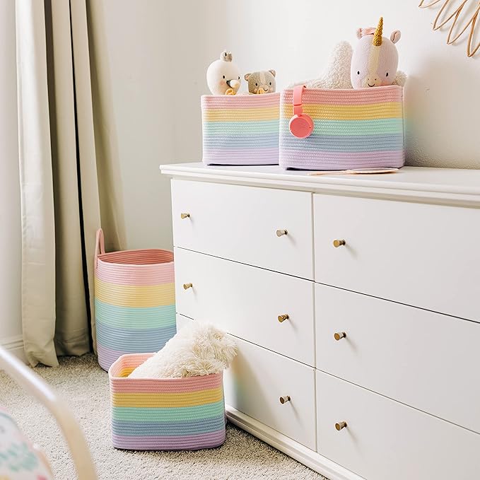 OrganiHaus Pastel Rainbow Basket - Colorful Woven Storage Basket for Playroom, Nursery & Classroom Decor & Toy Storage, 15x9x