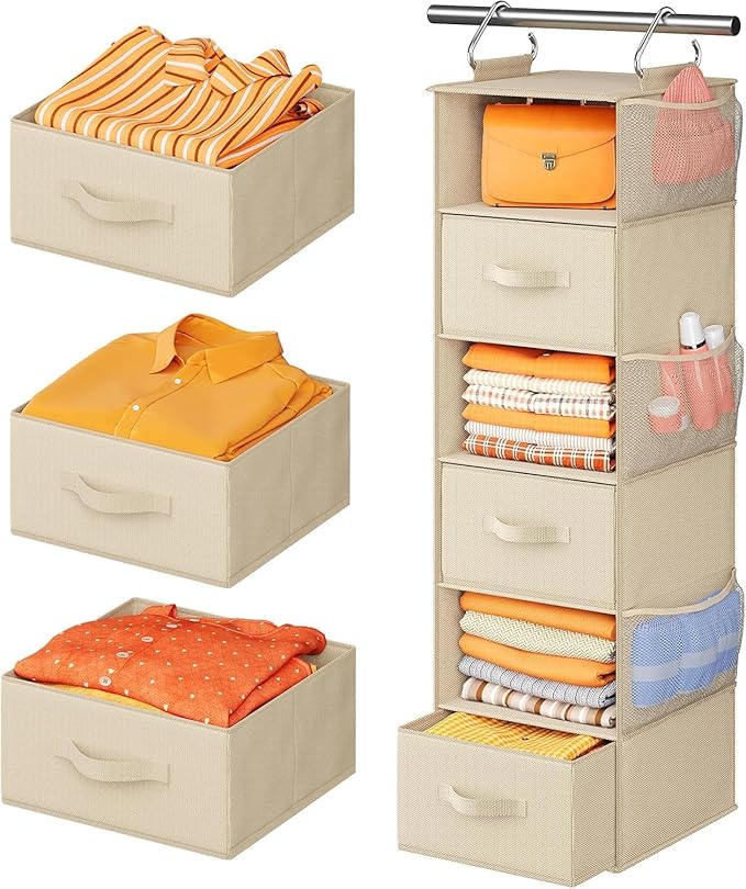 Pipishell 6-Shelf Hanging Closet Organizer, with 3 Detachable Drawers & Side Pockets, Closet Organizers and Storage for Bedro