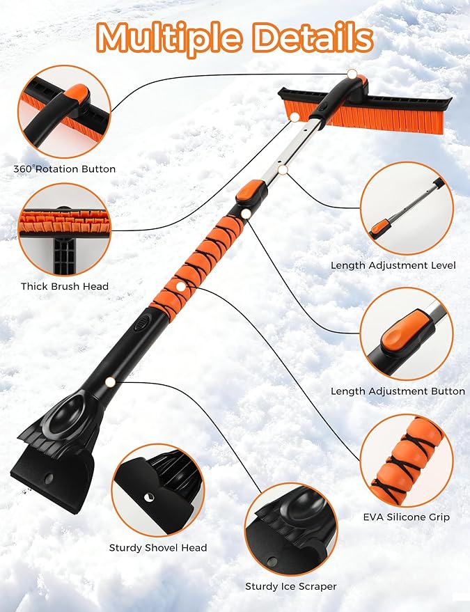 BFONS 41" Ice Scrapers for Car Windshieldand Extendable Snow Brush with Foam Grip and 360° Pivoting Brush Head for Christmas Car Auto Truck SUV