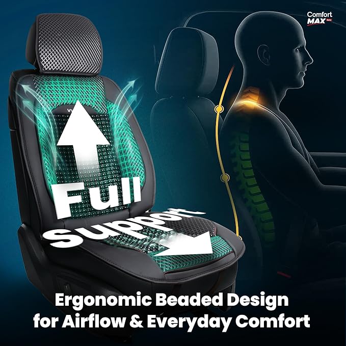 Beaded Car Seat Cover – Wooden Bead Massage Support with Breathable Cooling Mesh – Universal Fit for Sedan, SUV & Truck (1 Pa