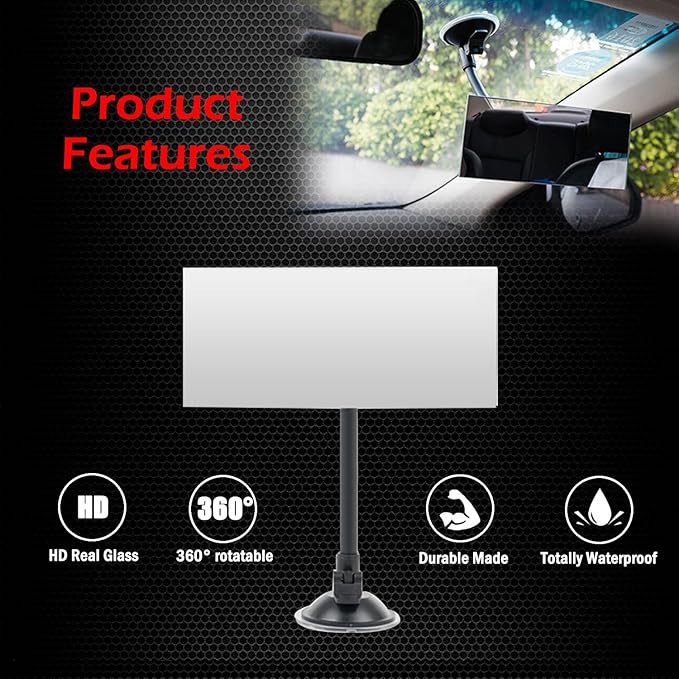 Suction Cup Baby Car Mirror, Ampper Adjustabe Long Arm HD Glass Convex Wide Angle Interior Rearview Baby Rear Facing Mirror (Frameless Rectangle, Large, 6.7" X 2.9")