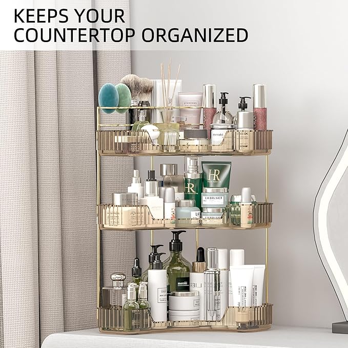Corner Bathroom Counter Organizer with Top Toothbrush Holders, 3-Tier Make Up Organizers for Vanity with Brush Holder, Corner