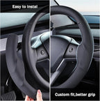 Steering Wheel Cover for 2017-2023 Tesla Model 3 2020-2024 Tesla Model Y, Leather Steering Wheel Cover for Tesla Model 3/Y Accessories, Black