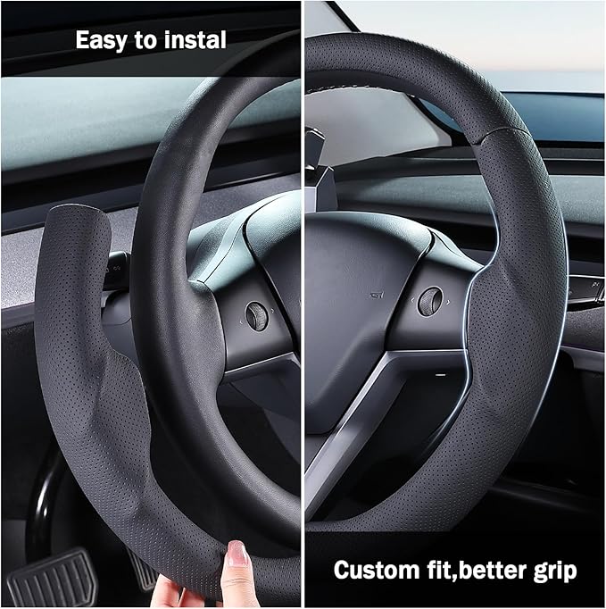 Steering Wheel Cover for 2017-2023 Tesla Model 3 2020-2024 Tesla Model Y, Leather Steering Wheel Cover for Tesla Model 3/Y Accessories, Black