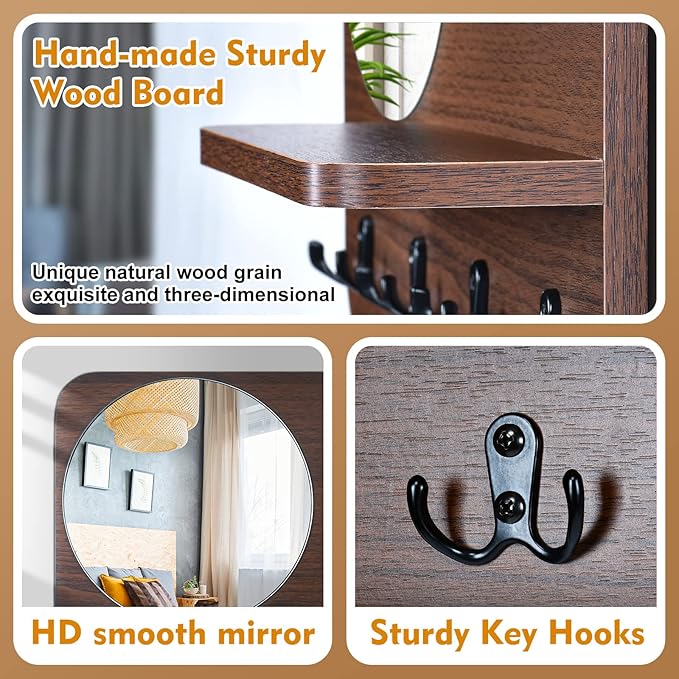 Coat Rack with Shelf Rustic Wooden Wall Mounted Hanging Coat Rack with Mirror Shelves and 4 Double Hooks Decorative Entryway 