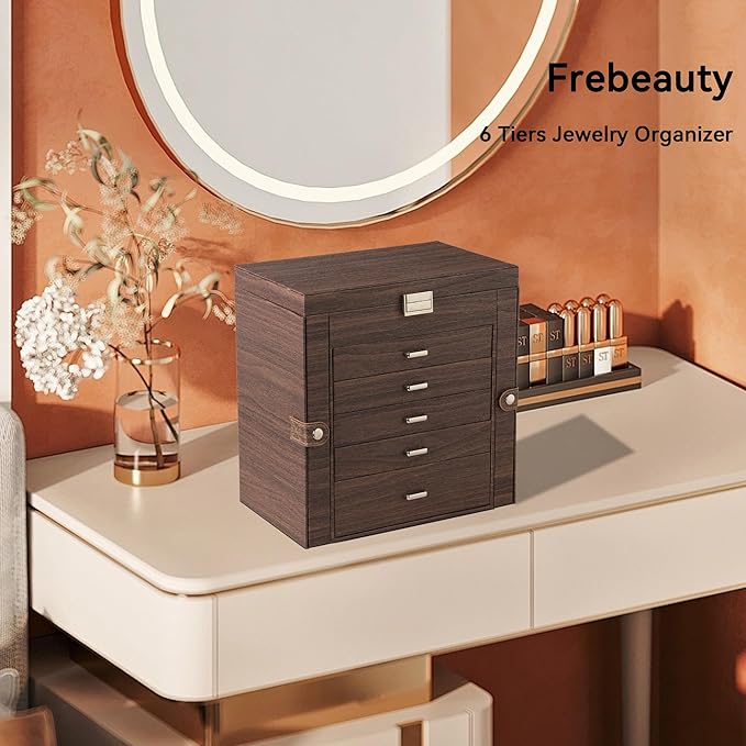 Frebeauty Large Jewelry Box,6-Tier PU Leather Jewelry Organizer,Multi-functional Storage Case with Mirror,Accessories Holder 