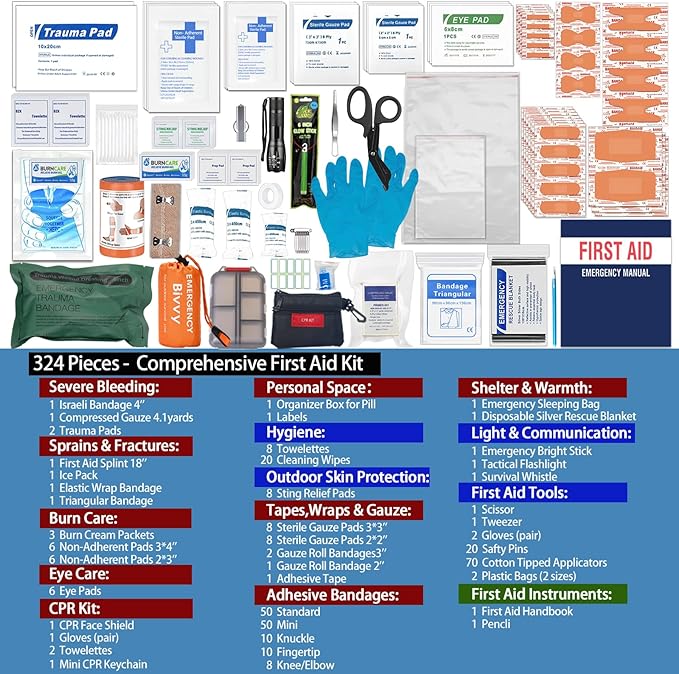 Comprehensive First Aid Kit for Home, Premium Emergency Trauma Kits with Shoulder Strap for Car Camping Gear, Waterproof Surv
