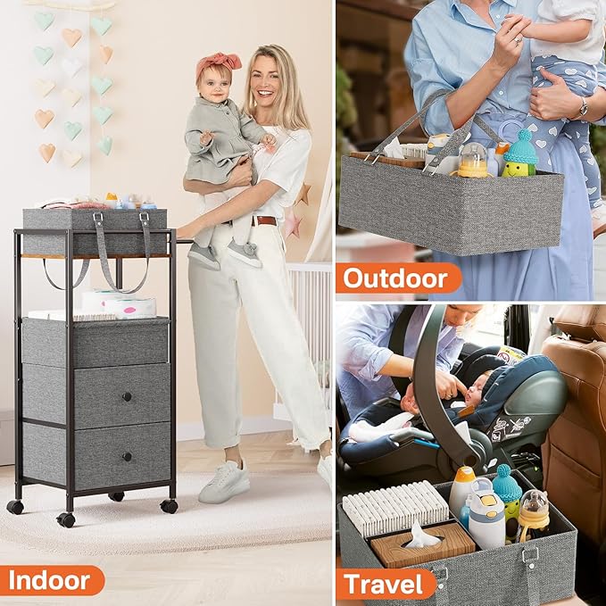 Modanais Baby Diaper Caddy Organizer Cart with Drawers - 3In1 Rolling Storage Cart with Wheels, Removable Diaper Caddy, Detac