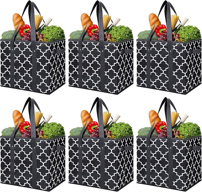 WISELIFE Reusable Grocery Bags 6-Pack Foldable Washable Large Storage Bins Basket Water Resistant Shopping Tote Bag Black