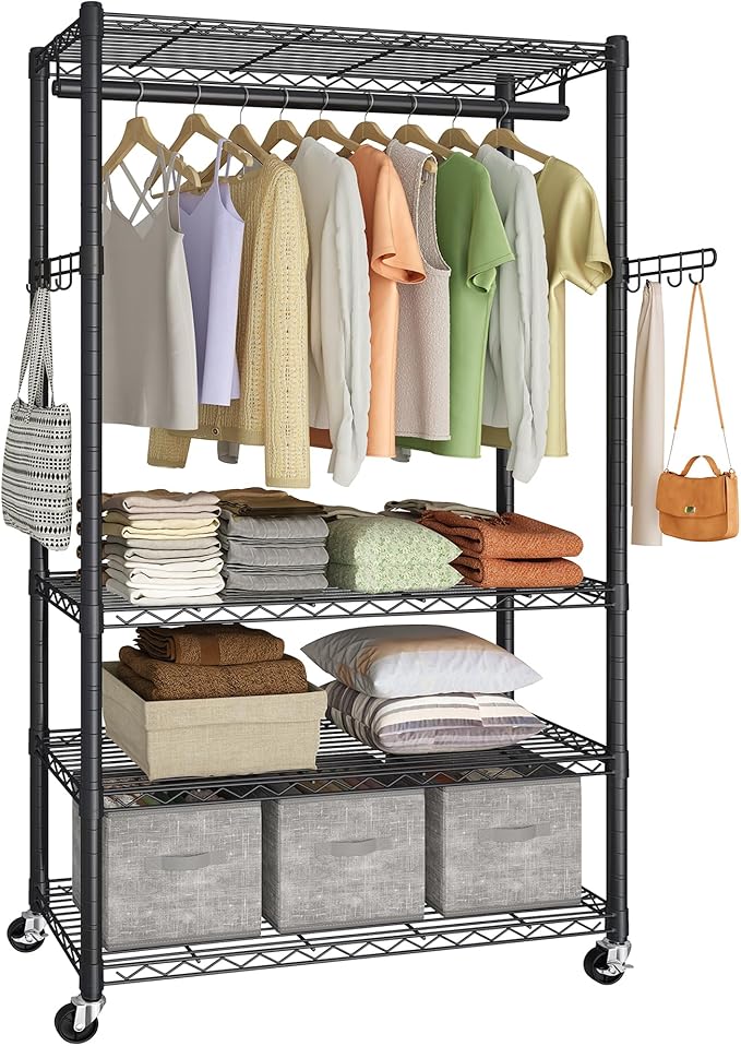 SONGMICS Heavy-Duty Rolling Clothes Rack, Garment Rack, Portable Closet on Wheels, with Adjustable Mesh Shelves and Hanging R