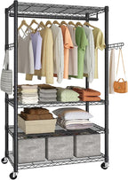 SONGMICS Heavy-Duty Rolling Clothes Rack, Garment Rack, Portable Closet on Wheels, with Adjustable Mesh Shelves and Hanging R
