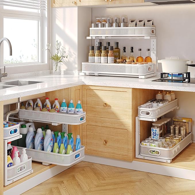 2 Pack 21.3IN-Depth Under Sink Organizer with Smooth Cylindrical Rail,2-Tier Pull Out Multi-Purpose Cabinet Storage for Bathr