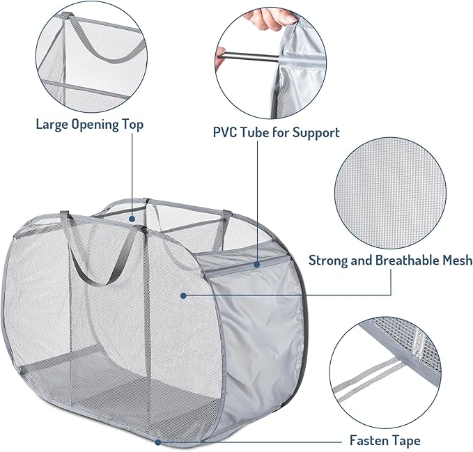Seiritex Mesh Popup Laundry Hamper 3 Compartment Sortable Horizontal Collapsible Laundry Basket for Clothes Laundry Room Bedr