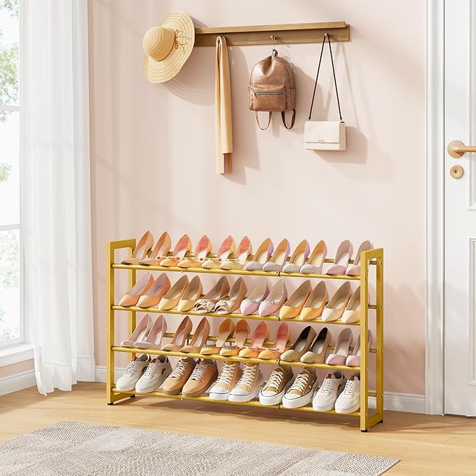 FAVOOSTY 4-Tier Expandable Shoe Rack, Adjustable Shoe Shelf Storage Organizer Space Saving Metal Free Standing Shoe Rack for 