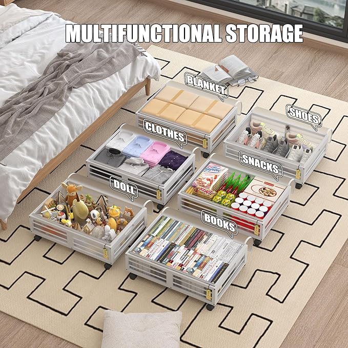 Bamboo Underbed Storage Containers with Wheels & Bag 2 Pack, Large Under Bed Rolling Storage Bins Wood Under Bed Clothes Stor
