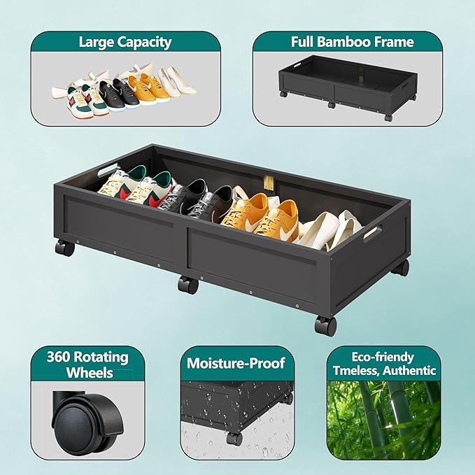 Wood Under Bed Storage Containers Underbed Organizer with Wheels Sturdy Wood Rolling Under Bed Shoe Storage Organizer 2 Packs