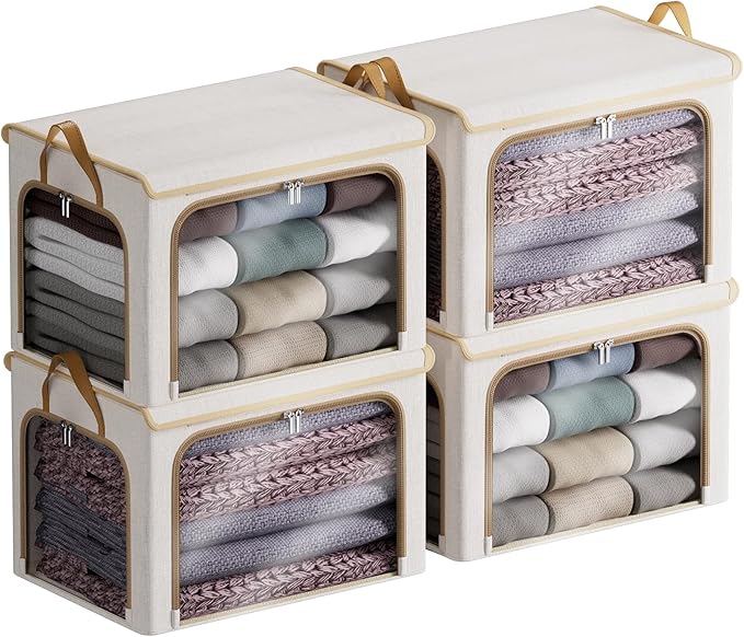 4 Pack Clothes Storage Bins with Metal Frame - 66L Stackable Storage Box with Lid，Foldable Storage Container Organizer for Cl