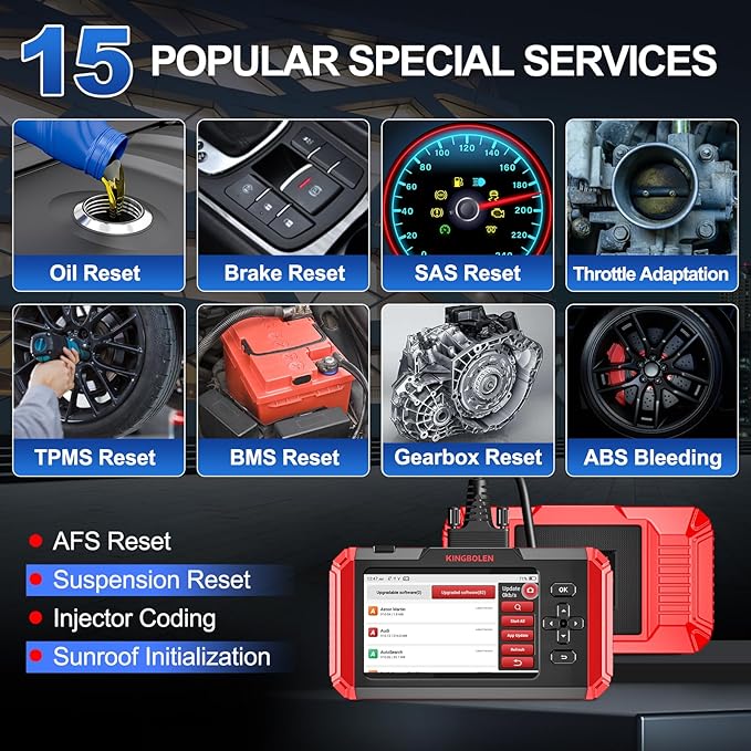 KINGBOLEN OBD2 Scanner S800 Car Scanner, OBD2 Diagnostic Scan Tool with 15 Reset, Oil Brake Throttle Service, Engine ABS SRS