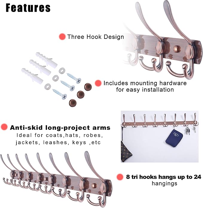 Dseap Coat Rack Wall Mount - 29.5” Long 8-Tri-Hooks Heavy Duty Coat Hanger Rail Wall Hooks for Hanging Coats Hats Clothing Cl