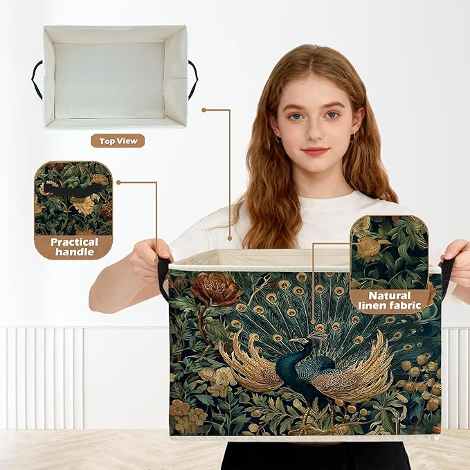 Peacock Floral Storage Box Bins, Vintage Cottagecore Wildflower Peacock Collapsible Storage Basket Organizer for Bedroom Laun