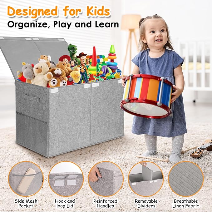 Large Toy Storage Box with Lid Upgraded Toy Chest Organizer with Removable PP Divider Foldable Toy Bin for Kids Boys Girls Li
