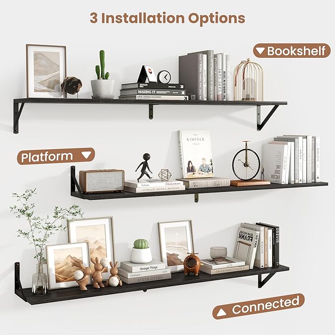 Axeman 48 Inch Floating Shelves | 8 Inch Deep Black Wall Shelves Set of 2 | 47.3" W x 8" D Rustic Black Wood Shelves for Bath
