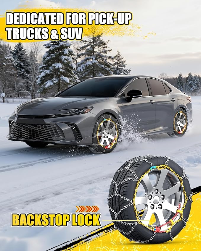 Snow-Chains Easy Install Tire-Chains, One-Pull Fit Design Tire Snow Chains for Passenger Cars, Sedan, SUVs, Emergency Winter 