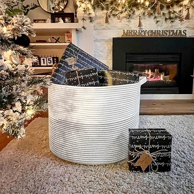 INDRESSME XXXLarge Cotton Rope Basket 21.7" x 21.7" x 13.8" Woven Baby Laundry Basket for Blankets Toys Storage Baskets with 