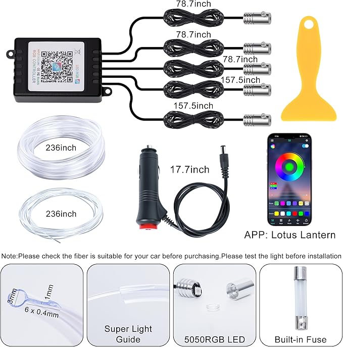 Ambient Lighting car Accessories Interior car Lights APP Control，236" Fiber Optic，5 in 1 led Strip Lights，16 Million Colors Car Neon Lights, Sync to Music（Cigarette）