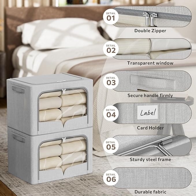FHSQX 3 Pack Clothes Storage Bins Foldable Metal Frame Storage Box Extra Large Stackable Linen Fabric Organizer Set with Carr