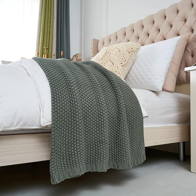 Chunky Cable Knit Throw Blanket Lightweight Grey 100% Organic Cotton Blanket for Sofa Couch Bed Baby Nursery, Rustic Shabby C