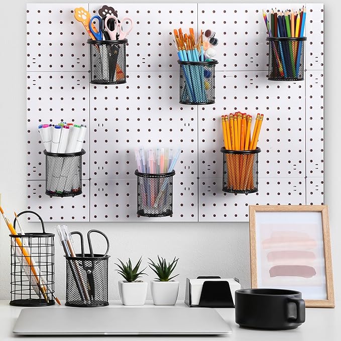 Spakon 6 Sets Pegboard Cups with Ring Hook, Peg Board Baskets Bin Holder Organizer Accessories Pegboard Pencil Cup Multipurpo