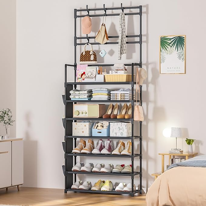 Shoe Rack 7 Tier Shoe Organizer Storage 21-28 Pairs Closet Shoes Rack for Front Door Entrance Shoe Rack Organizer with Hooks 