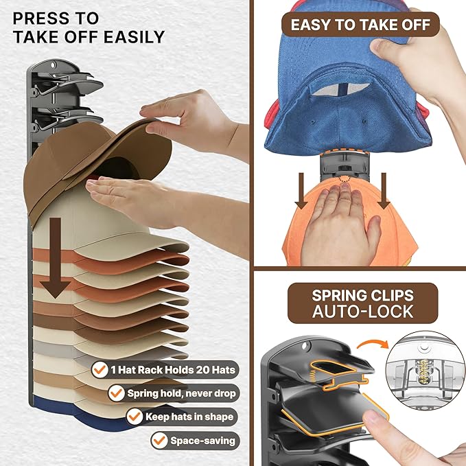 Spring Clip Hat Organizer Hold Storage 40 Caps for Baseball Caps（2-Pack） Wall Mount Closet & Door Hat Rack Holder Hanging Clo