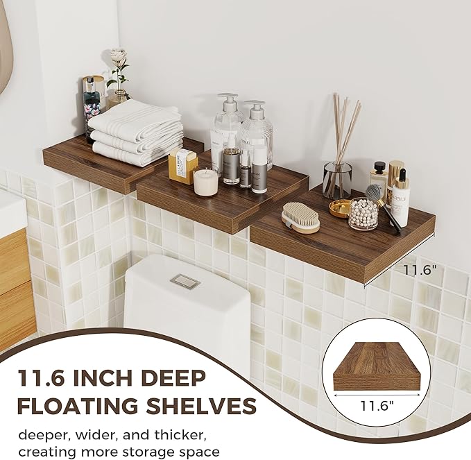 Fun Memories 12 Inch Square Floating Shelves 3 Pack - Wall Shelves with Invisible Brackets, Small Floating Shelves for Wall, 
