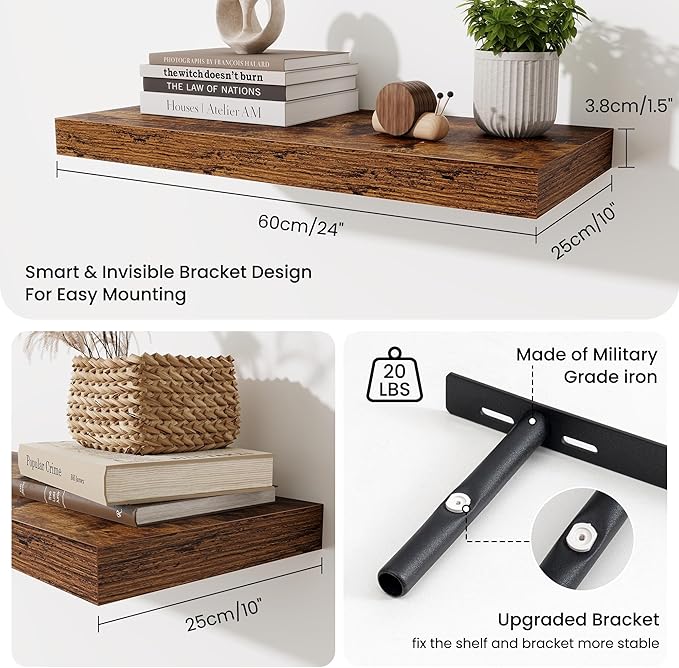 Fun Memories 24 Inch Floating Shelves Wall-Mounted, 10 Inch Deep Wall Shelves, 24 x 10 Floating Shelf for Living Room Bathroo