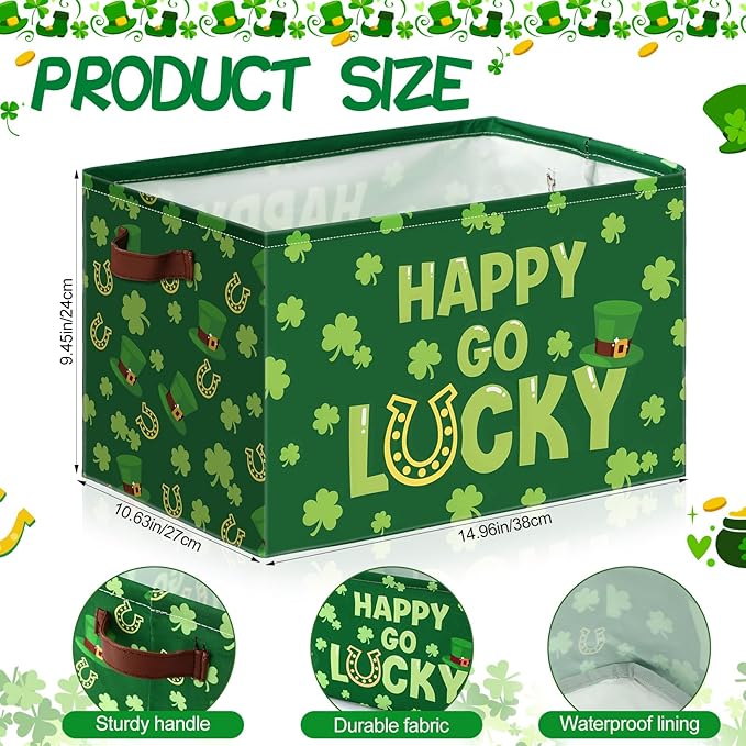 Boao 3 Pack Saint Patrick's Day Storage Baskets for Gifts Empty Collapsible Large Lucky Clover Storage Bins, Canvas Laundry B