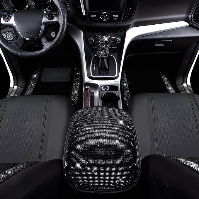 CAR PASS Bling Diamonds Car Seat Covers Front Seats Black Leather Shining Rhinestone Car Floor Mats Carpet with Anti-Slip Nib