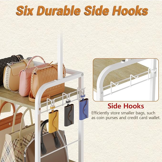 Tall Purse Organizer Stand with 3-Tier Thick Wood + 1-Tier High-Density Mesh, Adjustable Interchangeable, Slim Narrow Freesta