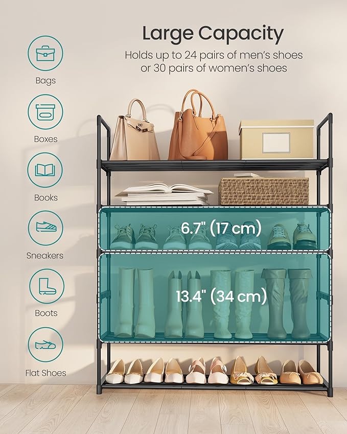 SONGMICS Shoe Rack, 6-Tier Shoe Organizer, Metal Storage Shelf, Upright or Upside Down, for 24-30 Pairs, Stackable, for Entry