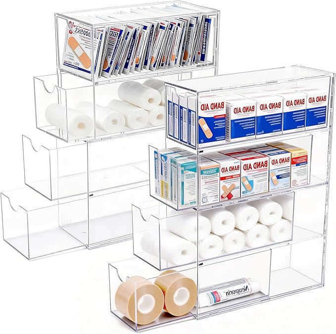2 Pack Bandage Organizer with Lid, Acrylic Bandaid Holder with 4 Clear Drawers Band Aid Storage Container for Home Office Dra